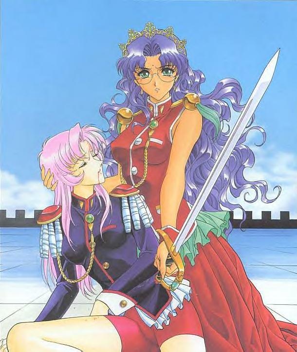himemiya anthy, tenjou utena, shoujo kakumei utena, jpeg artifacts, 1990s (style), 2girls, aiguillette, bare arms, bare shoulders, blood, breasts, couple, curly hair, dark-skinned female, dark skin, day, dress, earrings, epaulettes, glasses, green eyes, jewelry, long hair, long sleeves, medium breasts, multiple girls, neck, outdoors, parted bangs, parted lips, pink hair, protecting, purple hair, red dress, retro artstyle, role reversal, serious, sleeveless, sleeveless dress, straight hair, sword, weapon, wrist cuffs, yuri