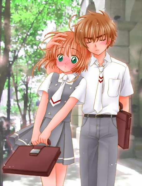 kinomoto sakura, li syaoran, cardcaptor sakura, cardcaptor sakura clear card arc, 1990s (style), 1boy, 1girl, arm around head, bag, belt, blush, briefcase, brown hair, child, closed eyes, closed mouth, embarrassed, full-face blush, green eyes, hand on another's head, necktie, pants, retro artstyle, school bag, school briefcase, school uniform, serafuku, shirt, short hair, short sleeves, standing, tomoeda middle school uniform, walking