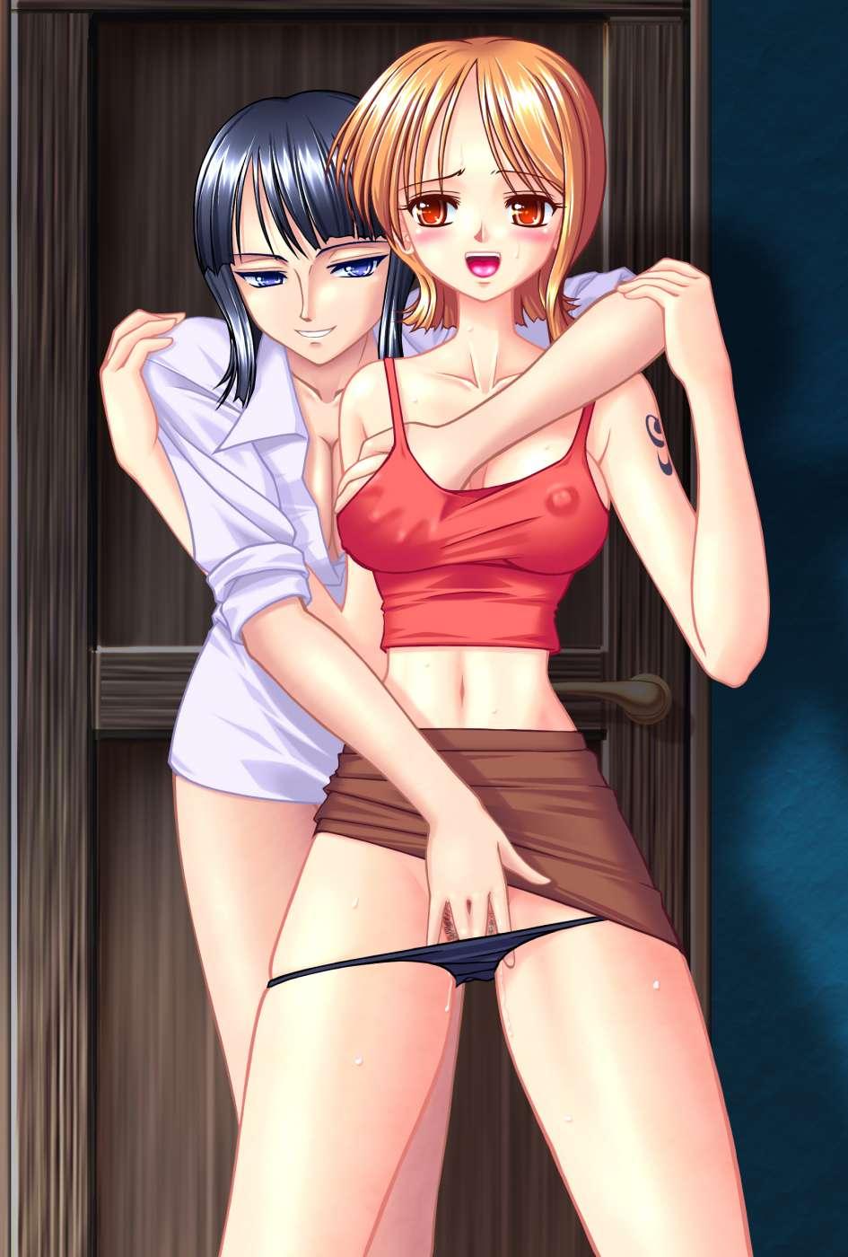 hanazuka ryouji, nami (one piece), nico robin, one piece, highres, 2girls, black hair, black panties, blouse, blue eyes, blush, breasts, clothes lift, clothes pull, collared shirt, covered erect nipples, door, female focus, female pubic hair, fingering, grabbing another's breast, groping, hand under clothes, long hair, midriff, multiple girls, navel, no bra, orange eyes, orange hair, panties, panty pull, parted bangs, pencil skirt, pubic hair, pussy juice, red shirt, shirt, short hair, shoulder tattoo, skirt, skirt lift, skirt pull, sleeveless, sleeveless shirt, sleeves rolled up, sweat, swept bangs, tank top, tattoo, underwear, white shirt, yuri