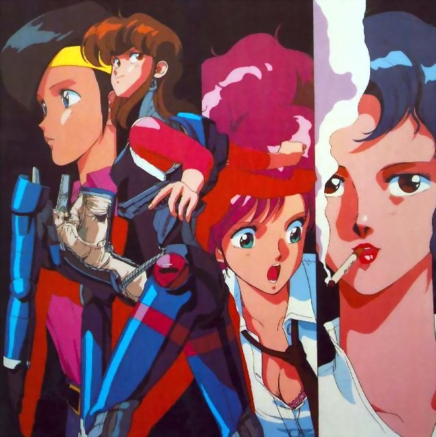 sonoda ken'ichi, linna yamazaki, nene romanova, priscilla asagiri, sylia stingray, bubblegum crisis, 1980s (style), 4girls, bra, breasts, cigarette, cleavage, hardsuit, lingerie, lipstick, makeup, multiple girls, necktie, retro artstyle, small breasts, smoke, underwear