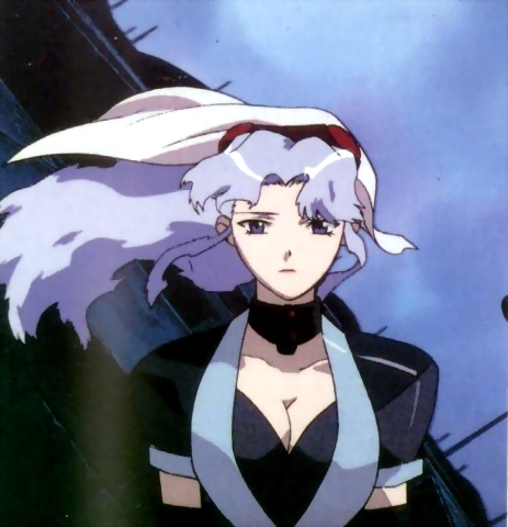 ifurita, el hazard, anime screenshot, lowres, 1990s (style), 1girl, blue eyes, blue hair, breasts, choker, cleavage, elbow gloves, female focus, gloves, headdress, long hair, matching hair/eyes, retro artstyle, solo, wind