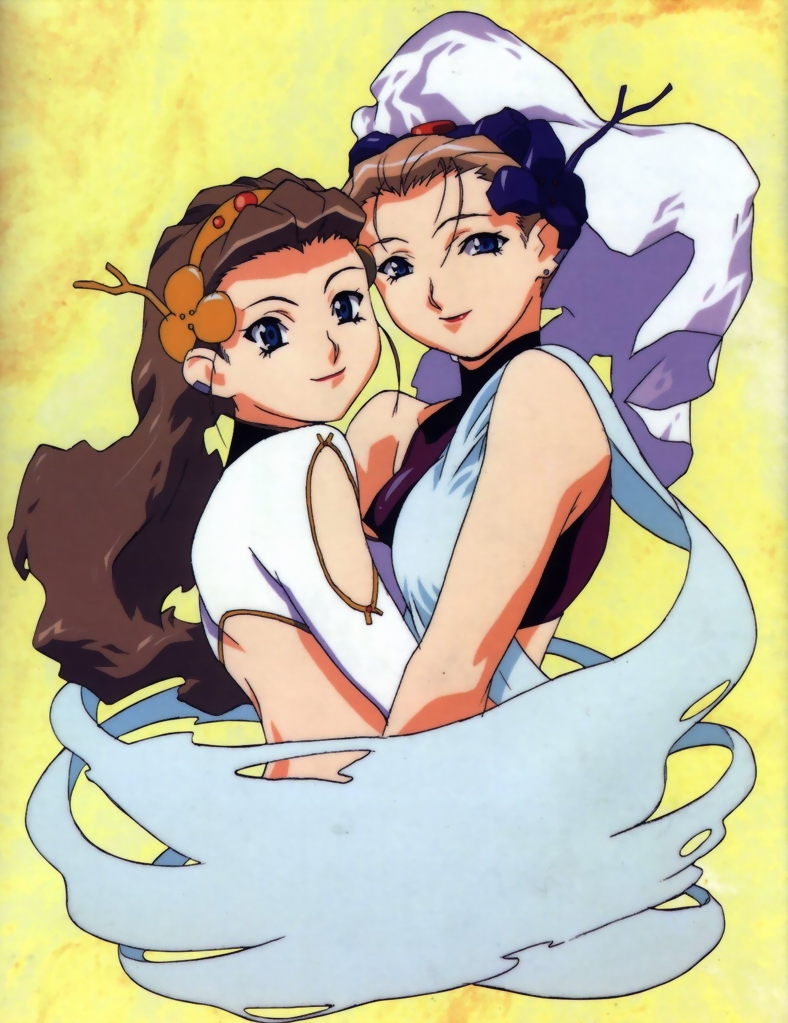 nakazawa kazuto, rune venus, el hazard, ova, 1990s (style), 2girls, back, blue eyes, brown hair, comparison, dual persona, earrings, hug, jewelry, lipstick, long hair, makeup, multiple girls, retro artstyle, rune venus tv, smile, tiara, time paradox, turtleneck, veil, yellow background