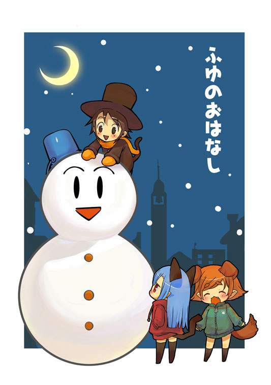 maitou, 3girls, animal ears, chibi, dog ears, multiple girls, snow, snowing, snowman