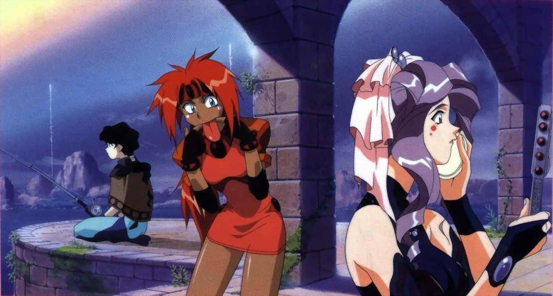 afura mann, miz mishtal, shayla-shayla, el hazard, 1990s (style), 3girls, :p, black hair, dark-skinned female, dark skin, dress, fingerless gloves, fishing, gloves, green eyes, hair ribbon, headband, long hair, multiple girls, ponytail, purple hair, red hair, retro artstyle, ribbon, short dress, sitting, sleeveless, tongue, tongue out
