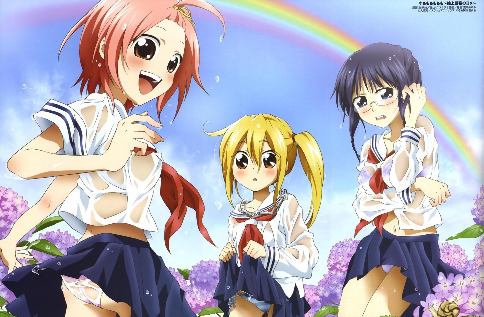 kanou aya, kuzuryuu momoko, miyamoto iroha, nakajima sanae, comp h's, sumomomo momomo, breast hold, highres, non-web source, official art, scan, 00s, 3girls, :o, adjusting hair, ahoge, ass, back, black hair, blonde hair, blue eyes, blue hair, blue panties, blush, bra, braid, breasts, brown eyes, butt crack, clothes lift, cloud, covering privates, day, embarrassed, flat chest, flower, forehead, glasses, hair between eyes, hair ribbon, high side ponytail, hydrangea, leaf, lingerie, long hair, looking at viewer, looking back, midriff, multiple girls, navel, necktie, no bra, open mouth, outdoors, panties, pantyshot, pink hair, pleated skirt, purple bra, purple panties, rainbow, ribbon, school uniform, see-through clothes, serafuku, shirt, short hair, side-tie panties, side ponytail, sidelocks, skirt, skirt lift, sky, splashing, standing, striped clothes, striped panties, twin braids, underwear, water, wet, wet clothes, wet hair, wet panties, wet shirt, white panties