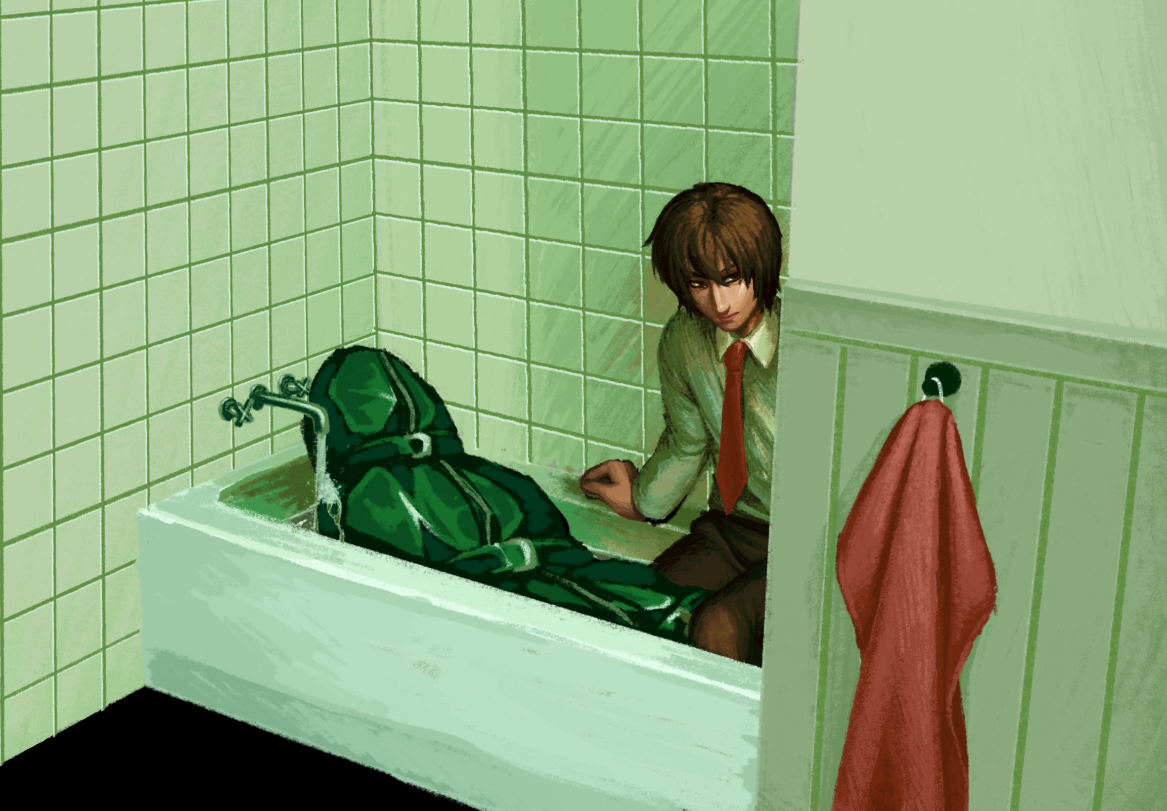 dreamscreep, yagami light, death note, highres, 1boy, bath, bathroom, bathtub, body bag, brown hair, collared shirt, hair between eyes, implied murder, long sleeves, male focus, necktie, shirt, short hair, sitting, water, white shirt