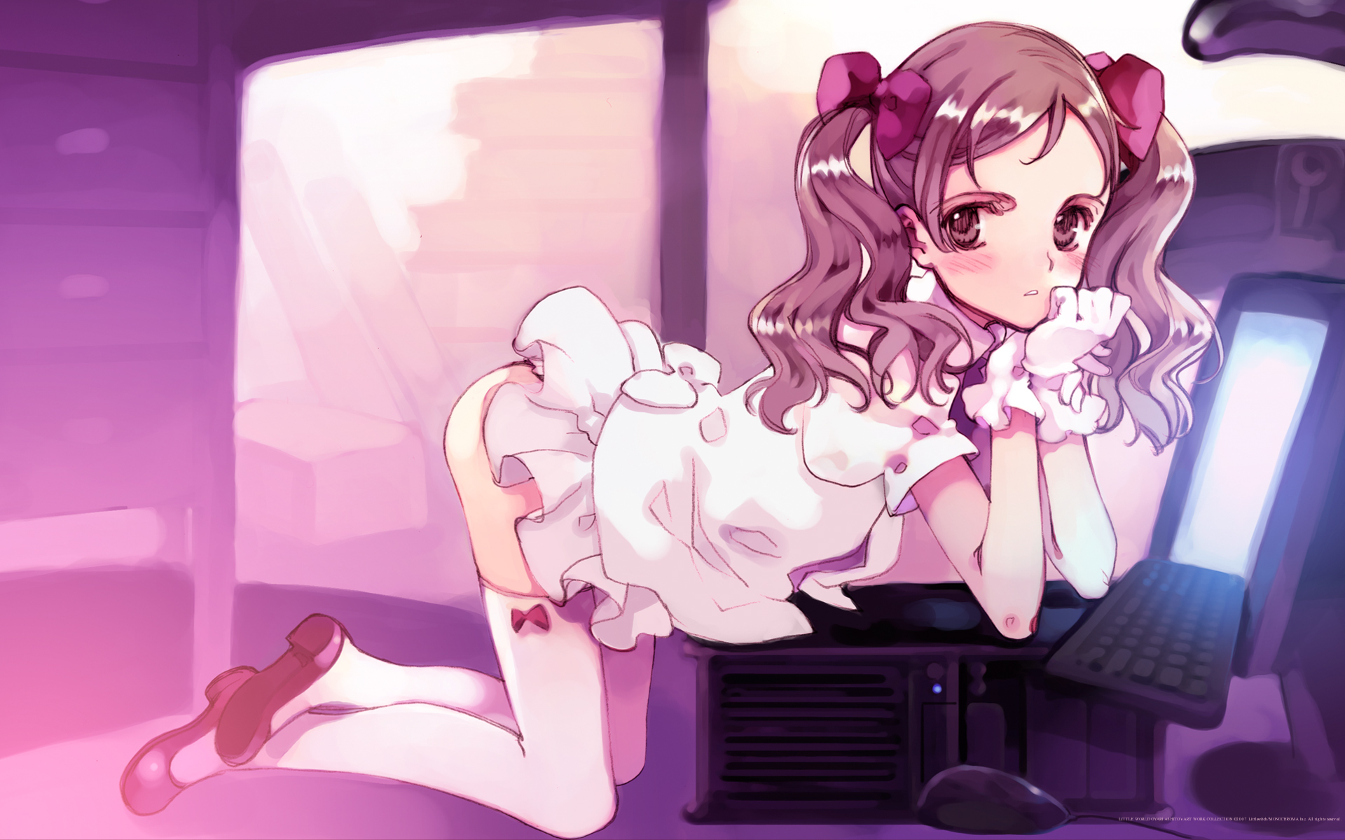 ooyari ashito, copyright request, highres, 1girl, all fours, animal ears, ass, brown eyes, brown hair, cat ears, computer, computer keyboard, dress, female focus, gloves, hair ribbon, legs, loli, long legs, purple theme, revealing clothes, ribbon, skinny, solo, thighhighs, thighs, twintails