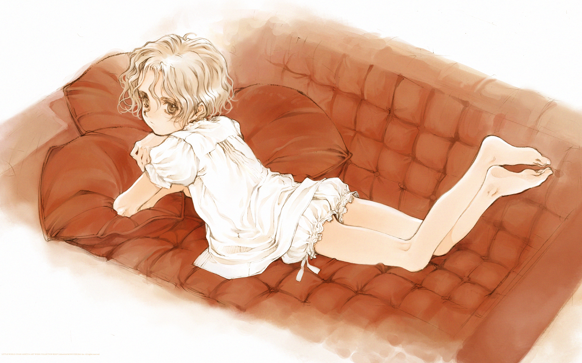 ooyari ashito, copyright request, highres, 1girl, barefoot, blonde hair, bloomers, brown eyes, brown upholstery, couch, feet, female focus, full body, legs, long legs, lying, on stomach, pillow, pinup (style), quilted, shirt, soles, solo, thighs, toes, underwear, white shirt