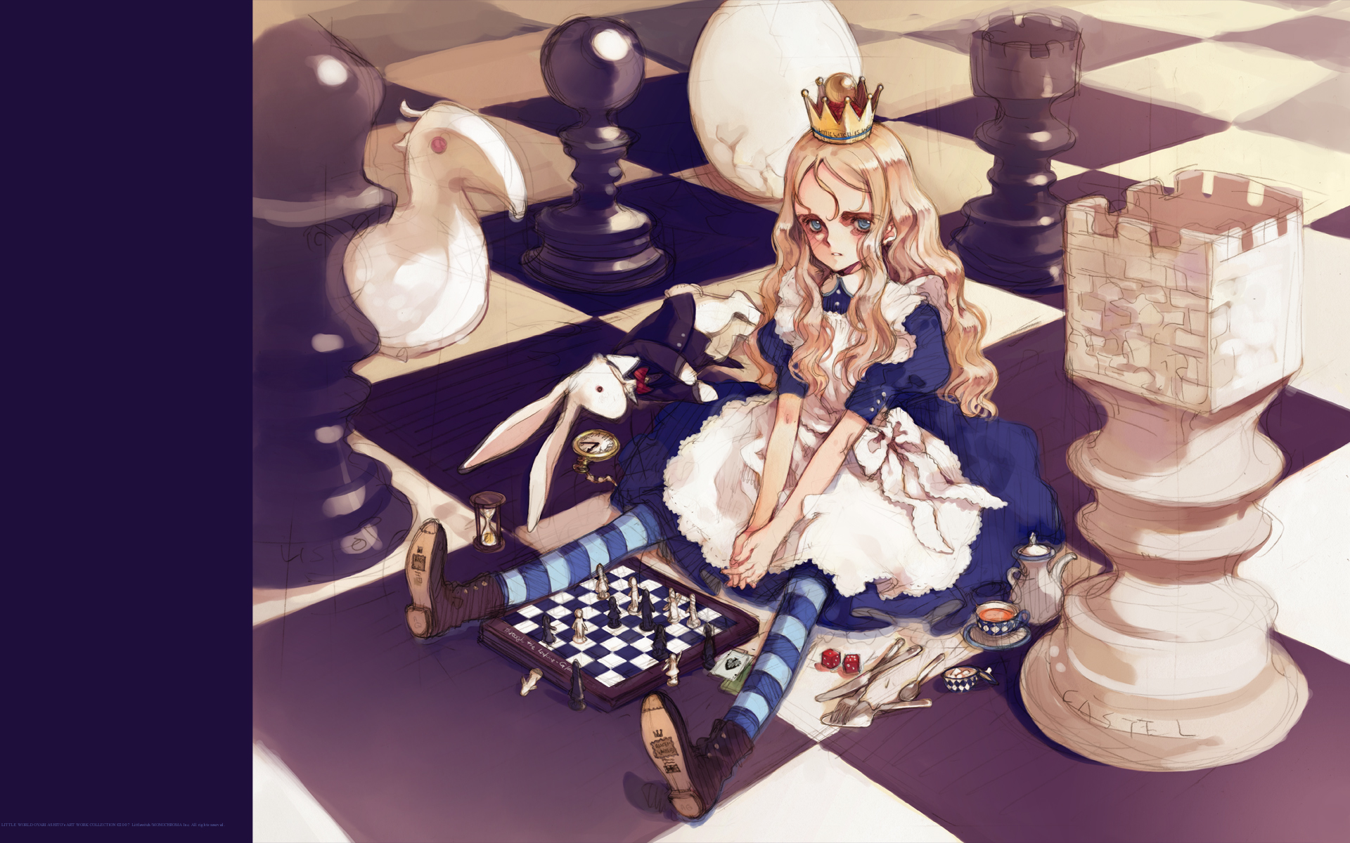ooyari ashito, alice (alice in wonderland), white rabbit (alice in wonderland), alice's adventures in wonderland, striped, highres, blonde hair, blue eyes, board game, boots, card, chess, crown, dice, dress, egg, fork, hat, hourglass, knife, pocket watch, spoon, thighhighs, watch