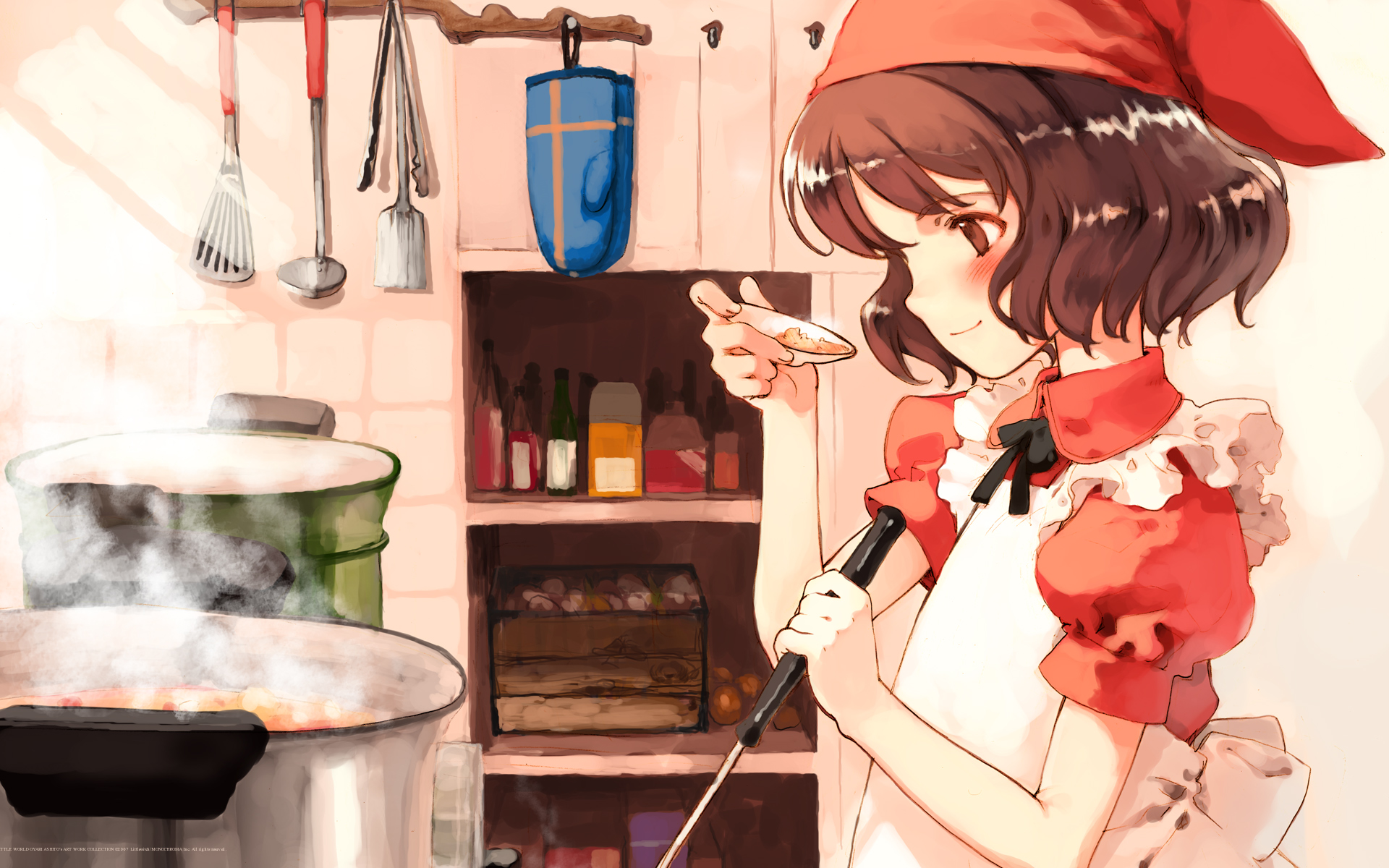 ooyari ashito, lina junhers, littlewitch, quartett!, game cg, highres, 1girl, apron, bandana, blush, brown eyes, brown hair, cooking, female focus, food, kitchen, ladle, short hair, solo, whisk