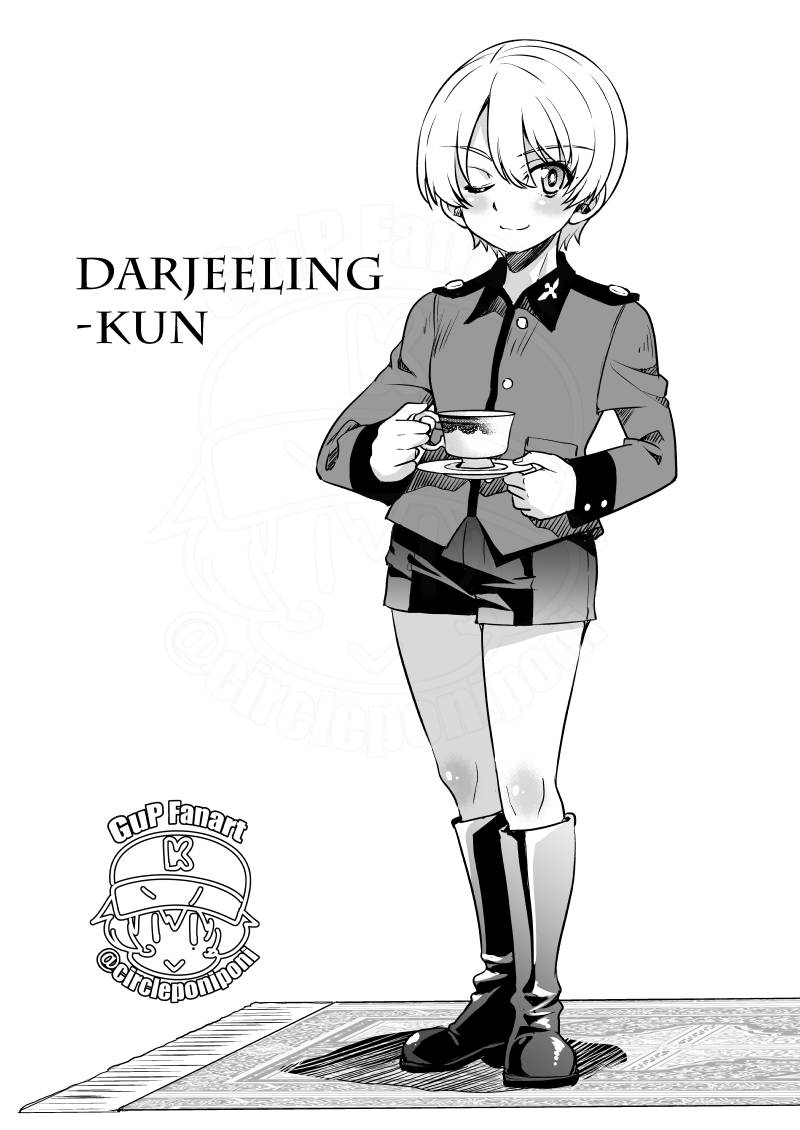 inoue yoshihisa, darjeeling (girls und panzer), girls und panzer, commentary, 1boy, adapted uniform, aged down, artist logo, boots, character name, closed mouth, cup, full body, genderswap, genderswap (ftm), greyscale, holding, holding cup, holding saucer, jacket, logo, long sleeves, looking at viewer, male focus, military uniform, monochrome, one eye closed, saucer, short hair, shorts, smile, solo, st. gloriana's military uniform, standing, teacup, twitter username, watermark