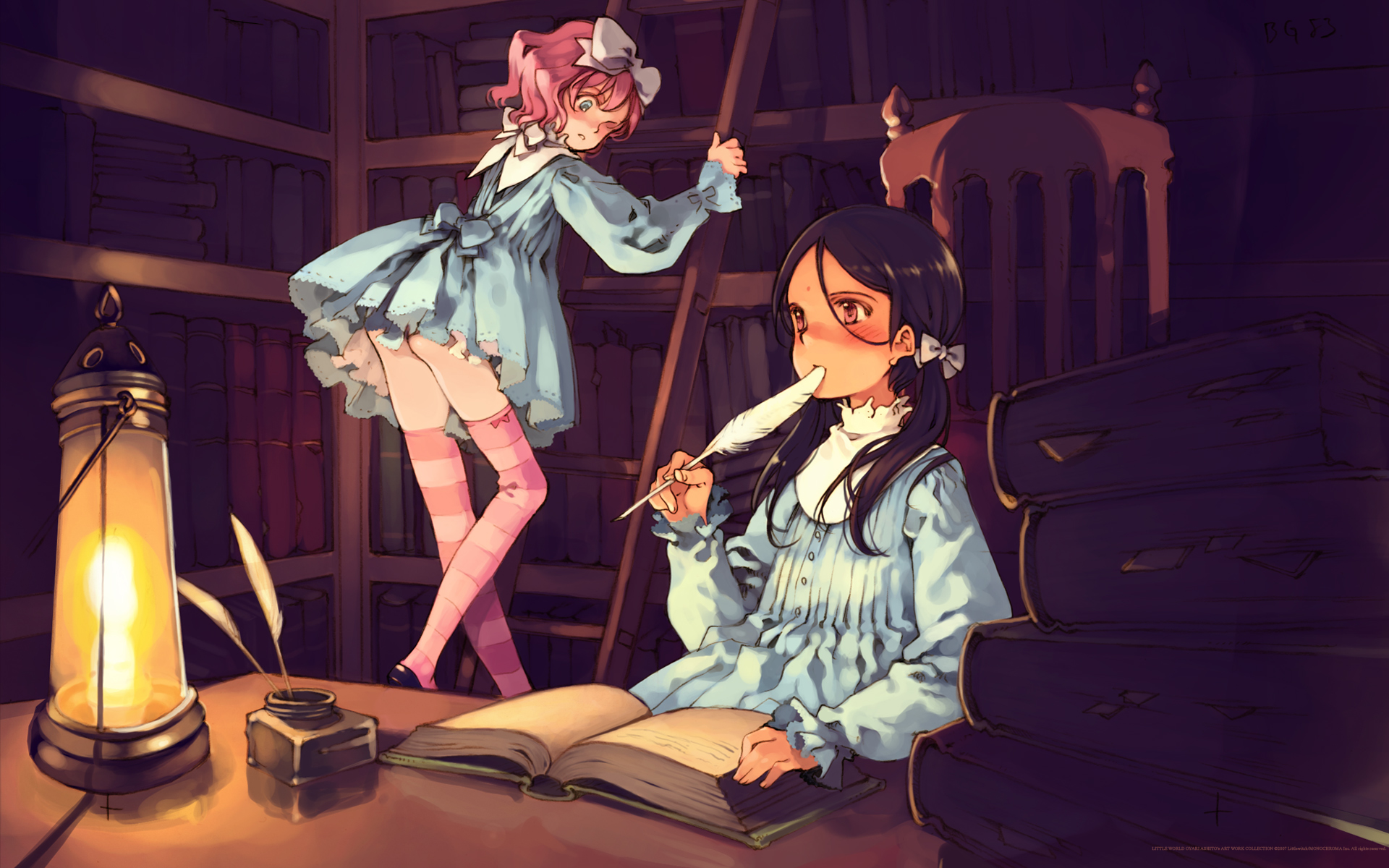 ooyari ashito, aria vancleef, kaya xavier, littlewitch, shoujo mahou gaku littlewitch romanesque, striped legwear, highres, official art, official wallpaper, 2girls, ass, black hair, blue eyes, blush, book, bow, bow legwear, chair, dress, facial mark, flat chest, forehead mark, from behind, hair bow, ladder, lantern, library, loli, long hair, looking back, multiple girls, pink eyes, pink hair, pink thighhighs, quill, ribbon, shoes, short dress, short hair, sitting, standing, striped clothes, striped thighhighs, thighhighs, turtleneck, twintails, upskirt, writing