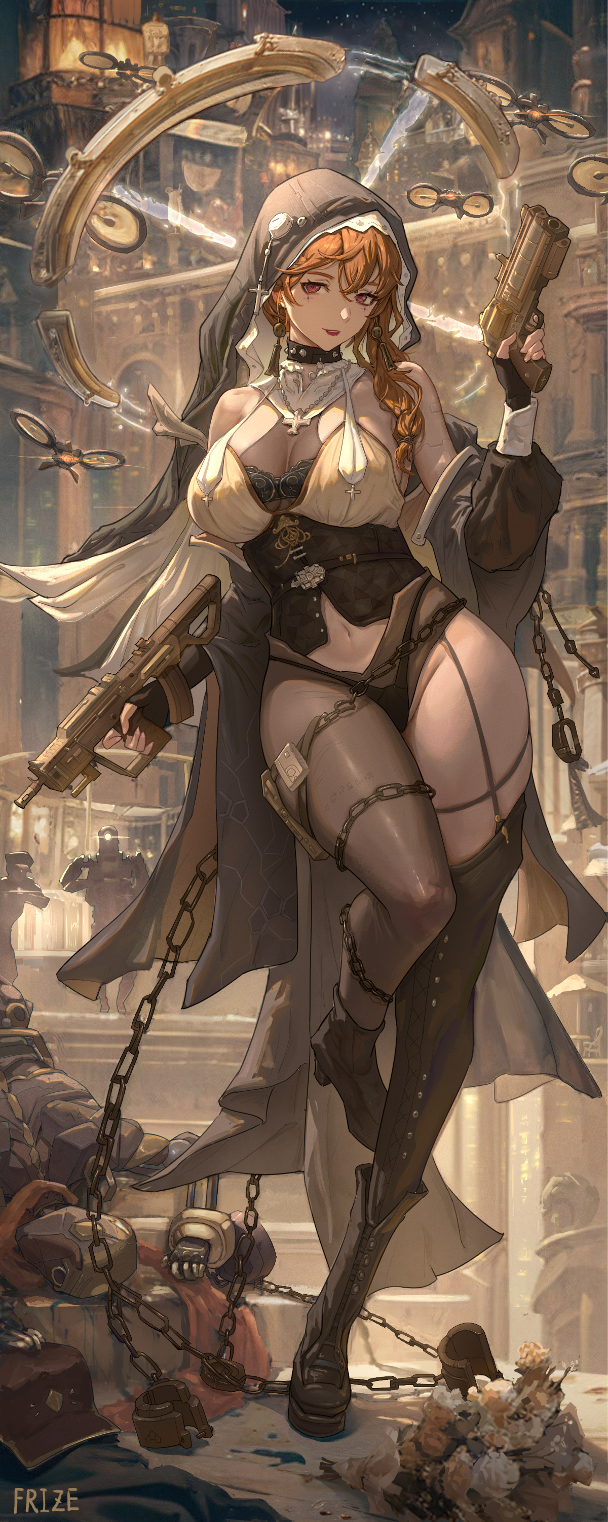 frize fulei, original, absurdres, highres, 1girl, black boots, black pantyhose, boots, chain, drone, gun, holding, holding gun, holding weapon, lipstick, looking at viewer, makeup, mature female, nun, orange hair, pantyhose, red eyes, solo, veil, weapon