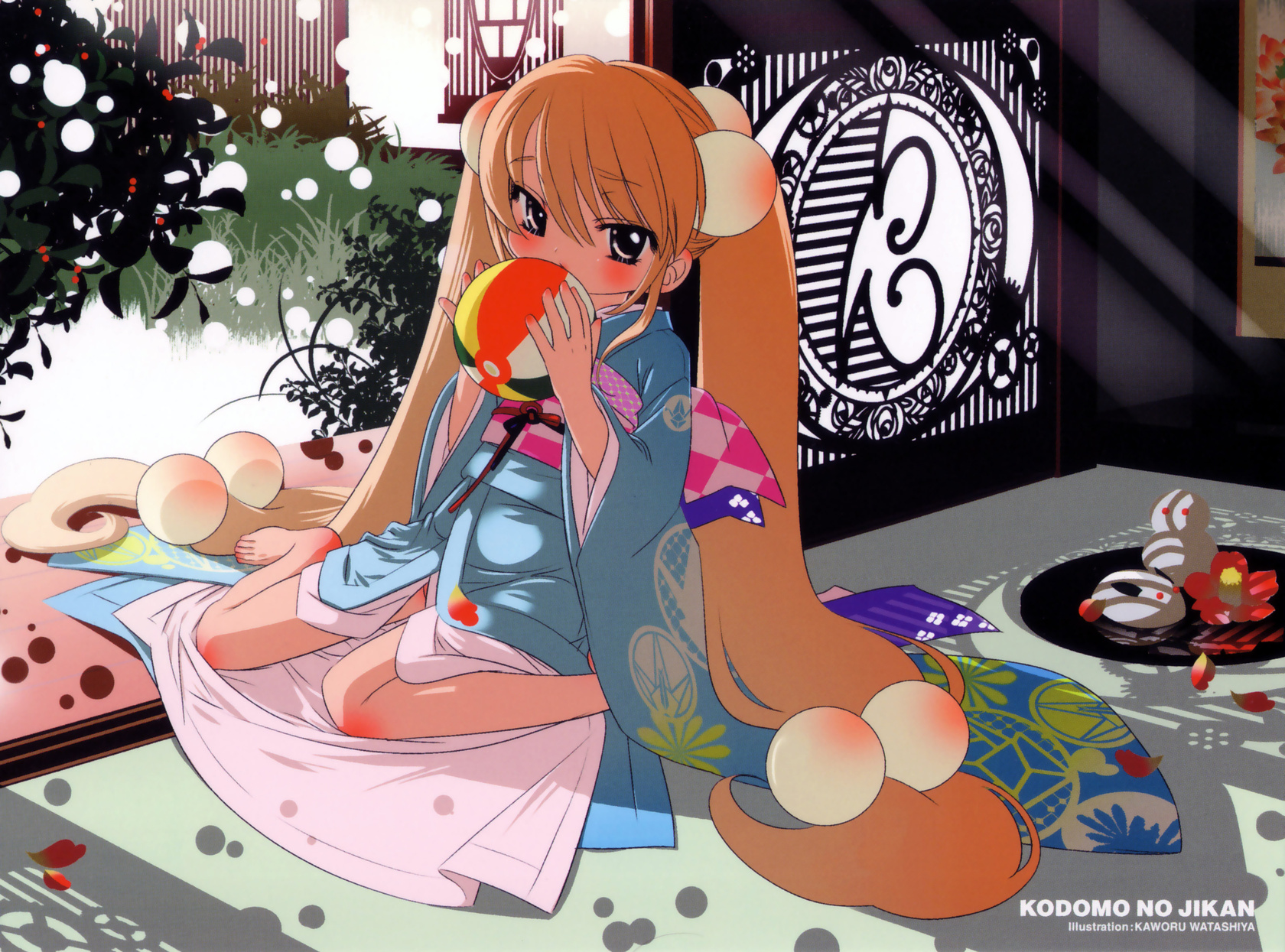 watashiya kaworu, kokonoe rin, kodomo no jikan, highres, official art, scan, 00s, 1girl, barefoot, child, feet, female focus, hair bobbles, hair ornament, japanese clothes, kimono, long hair, sitting, solo, twintails, very long hair, wariza