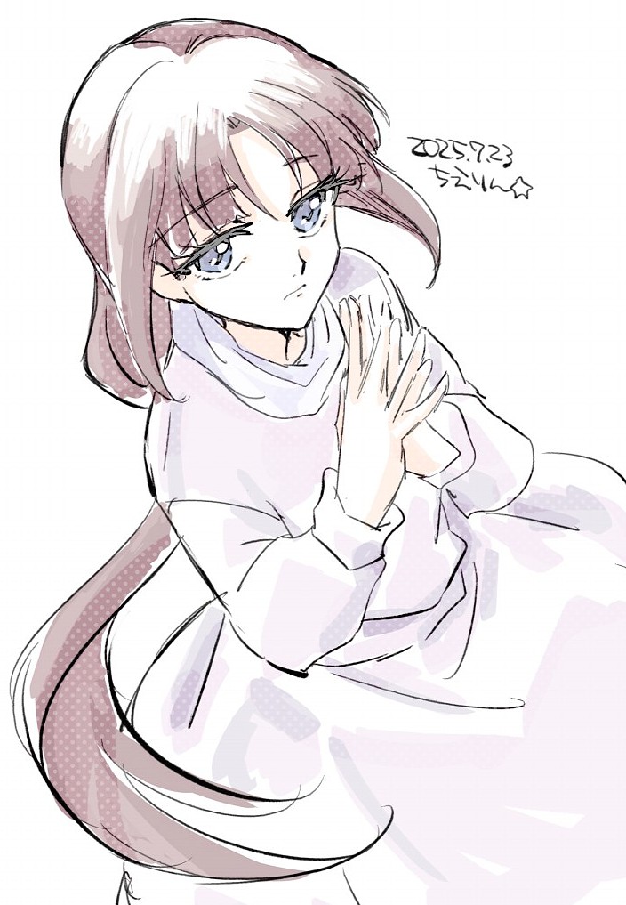 yanada kiyorin, tiffa adill, after war gundam x, gundam, commentary, 1girl, blunt bangs, brown hair, dated, long hair, looking at viewer, low ponytail, ponytail, purple eyes, sidelocks, solo, very long hair, white background