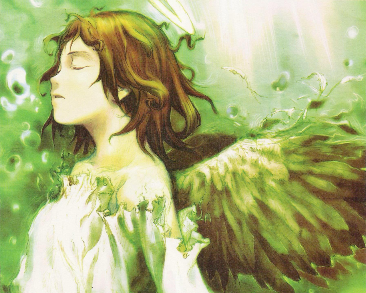 abe yoshitoshi, rakka (haibane), haibane renmei, 00s, angel wings, brown hair, closed eyes, halo, messy hair, solo, traditional halo, water, wings