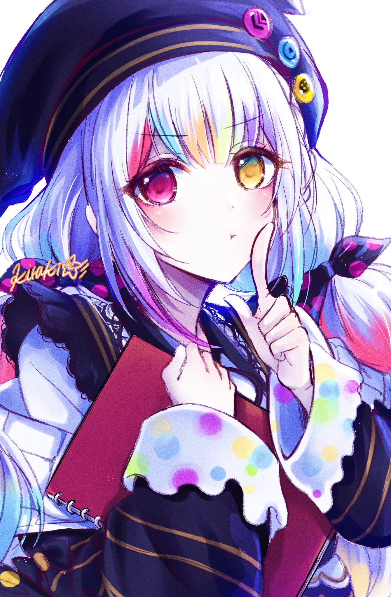 kiraki, jougasaki noa, mahou shoujo no majo saiban, commentary request, highres, 1girl, beret, black bow, bow, closed mouth, finger to cheek, hair bow, hat, heterochromia, holding, holding sketchbook, index finger raised, long hair, long sleeves, looking at viewer, magical girl, multi-tied hair, multicolored hair, pink eyes, polka dot, polka dot bow, pout, simple background, sketchbook, solo, streaked hair, upper body, white background, white hair, yellow eyes