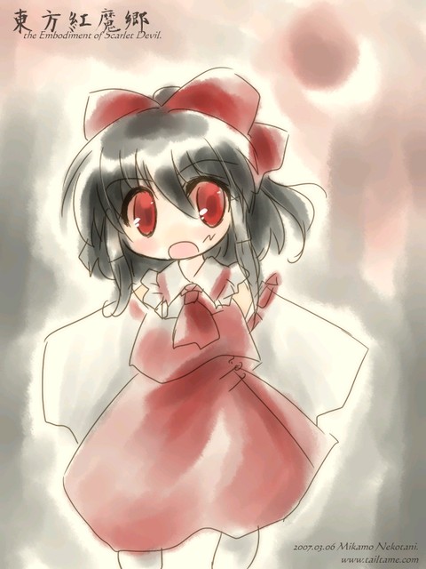 mikamo nekotani, nekotani mikamo, hakurei reimu, touhou, 1girl, blush, bow, brown hair, chibi, cowboy shot, detached sleeves, dress, female focus, hair bow, long sleeves, looking at viewer, ponytail, red bow, red dress, red eyes, short hair, solo, tareme