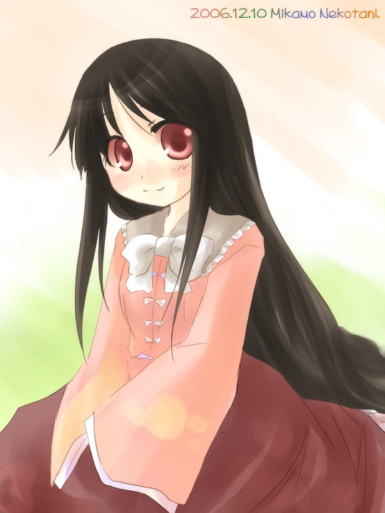 mikamo nekotani, nekotani mikamo, houraisan kaguya, touhou, 1girl, black hair, blush, bow, dated, dress, female focus, frills, long hair, looking at viewer, pink dress, red eyes, signature, sitting, smile, solo, white bow
