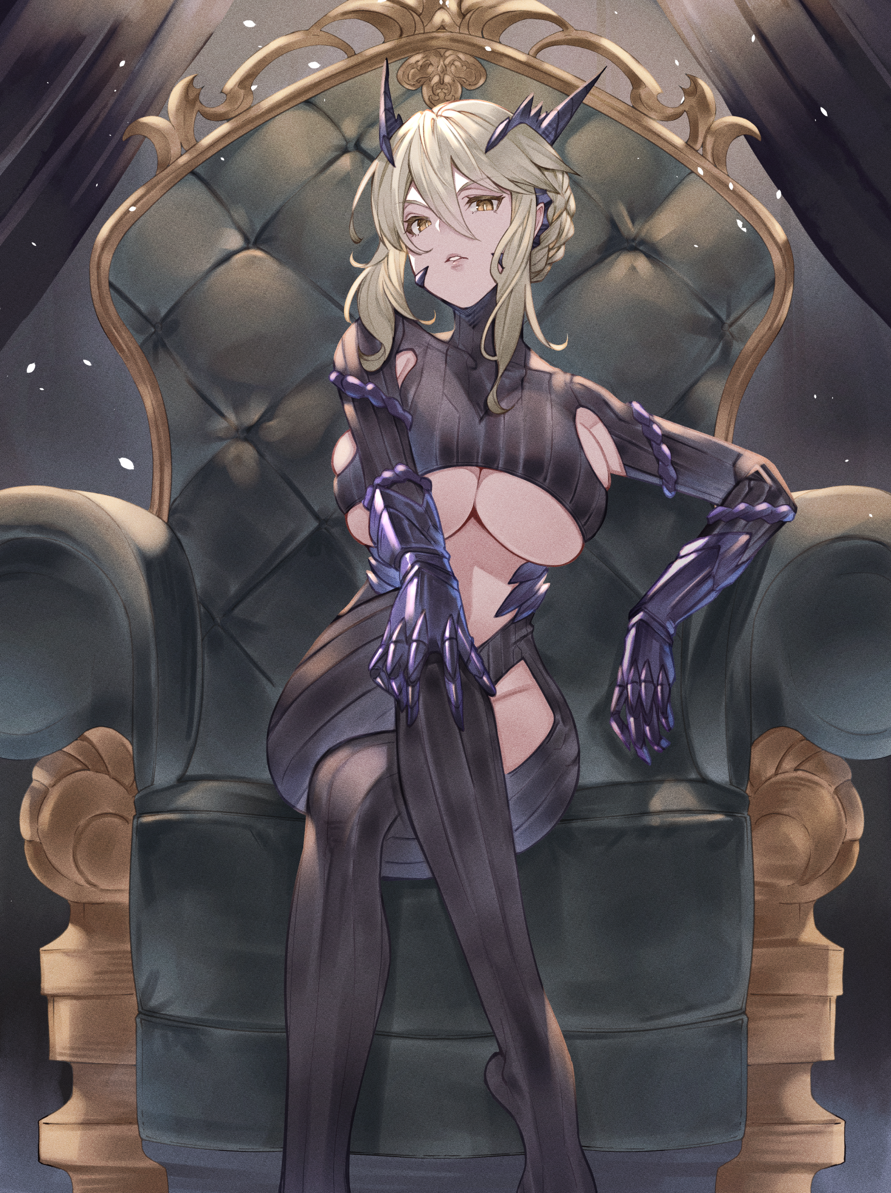 ayacho, artoria pendragon (fate), artoria pendragon (lancer alter) (fate), fate/grand order, fate (series), commentary request, commission, highres, skeb commission, 1girl, blonde hair, braid, breasts, chair, cleavage, crossed legs, gauntlets, hair between eyes, horns, looking at viewer, open mouth, revealing clothes, signature, underboob, yellow eyes