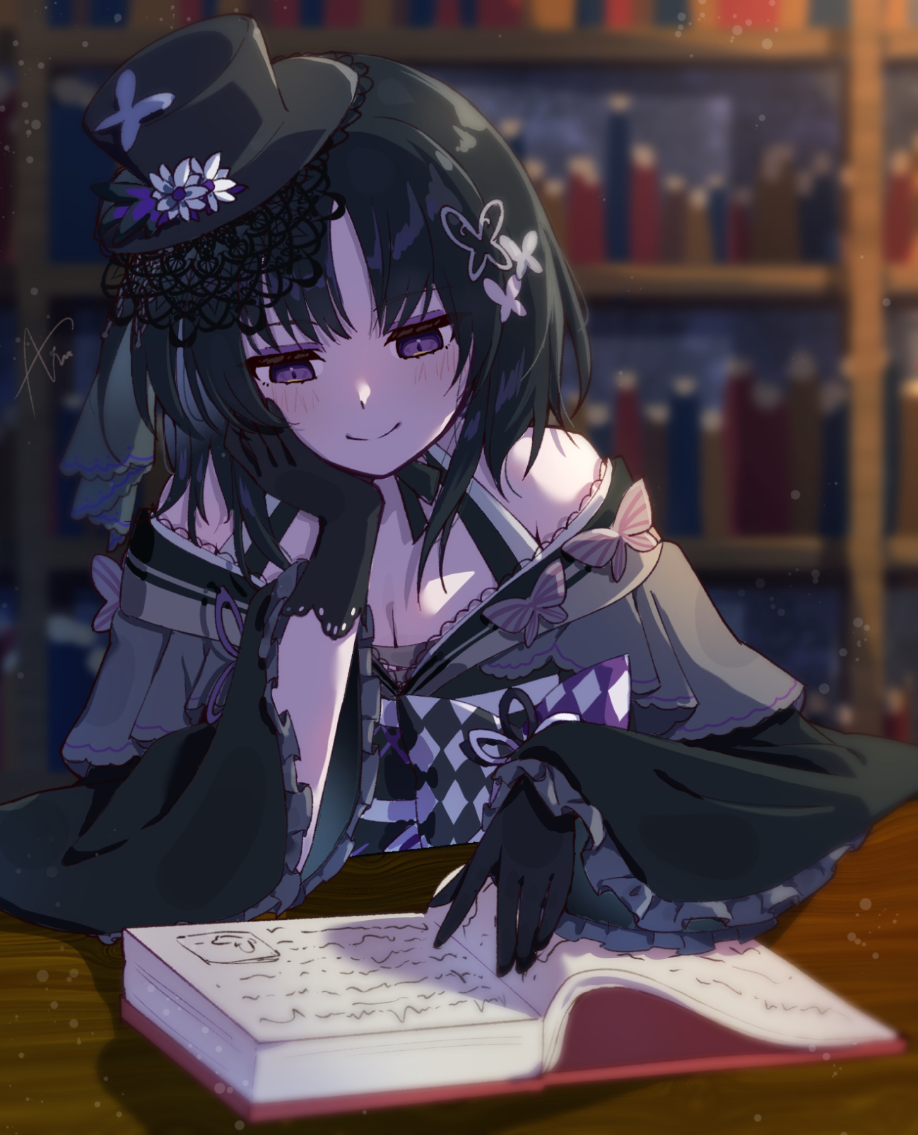 ice cream (aisu aisu 9898), houshou margo, mahou shoujo no majo saiban, highres, 1girl, bare shoulders, black gloves, black hair, black hat, black kimono, book, bookshelf, breasts, butterfly hair ornament, cleavage, closed mouth, frilled sleeves, frills, gloves, hair ornament, hand on own cheek, hand on own face, hat, head rest, indoors, japanese clothes, kimono, light particles, lolita fashion, long sleeves, looking down, magical girl, open book, pale skin, parted bangs, purple eyes, reading, short hair, smile, solo, top hat, upper body, wa lolita, wide sleeves