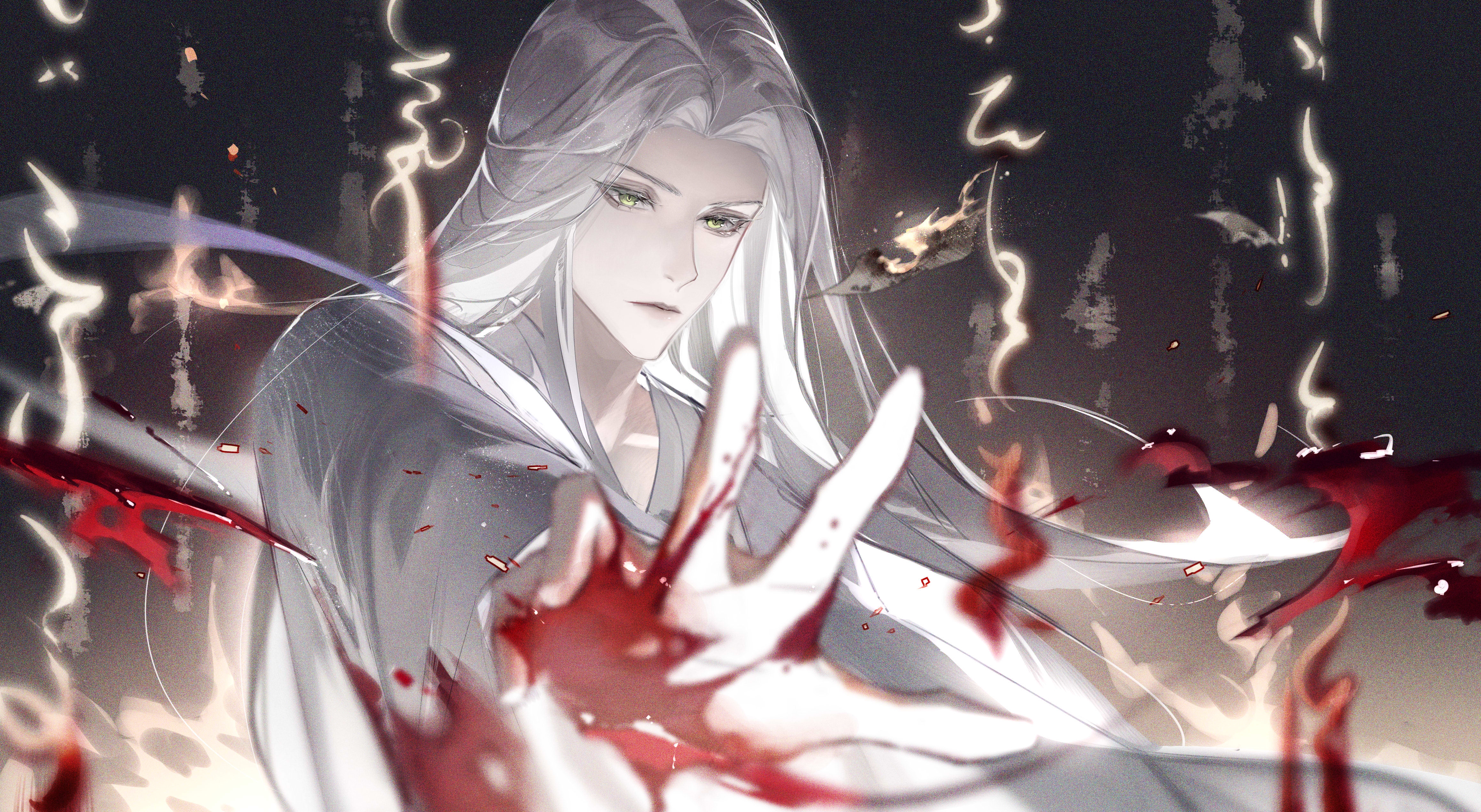 yichun583, code: kite, absurdres, chinese commentary, highres, 1boy, black background, blood, blood on hands, chinese clothes, closed mouth, curtained hair, gradient background, green eyes, hanfu, lips, long hair, long sleeves, looking ahead, magic, male focus, open hand, outstretched arm, parted bangs, robe, runes, serious, solo, upper body, white hair, white hanfu, white robe, wide sleeves, yellow background, zuo ci (code: kite)