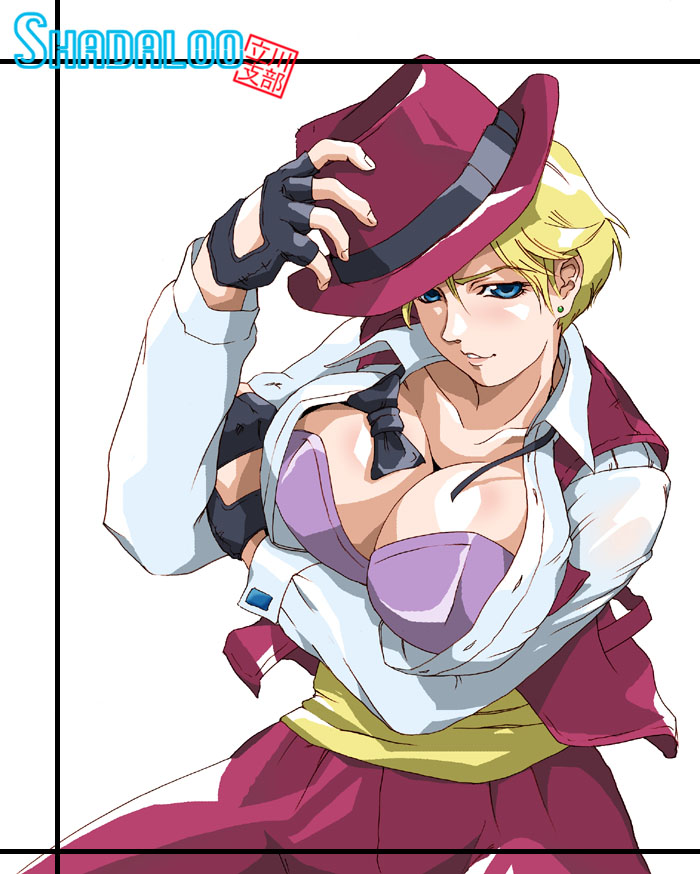 balrog (shadaloo tachikawa shibu), shadaloo, king (snk), ryuuko no ken, snk, the king of fighters, breast hold, framed, untied, 1girl, adjusting clothes, adjusting headwear, androgynous, black gloves, blonde hair, blue eyes, blush, body blush, bow, bowtie, bra, breasts, cleavage, dress shirt, earrings, fedora, female focus, fingerless gloves, formal clothes, gloves, hat, holding, holding own hair, huge breasts, jewelry, lingerie, long sleeves, looking at viewer, open clothes, open shirt, pant suit, pants, parted lips, purple bra, sash, see-through clothes, shirt, short hair, simple background, smile, solo, suit, unbuttoned, underwear, vest, white background, white shirt, wing collar