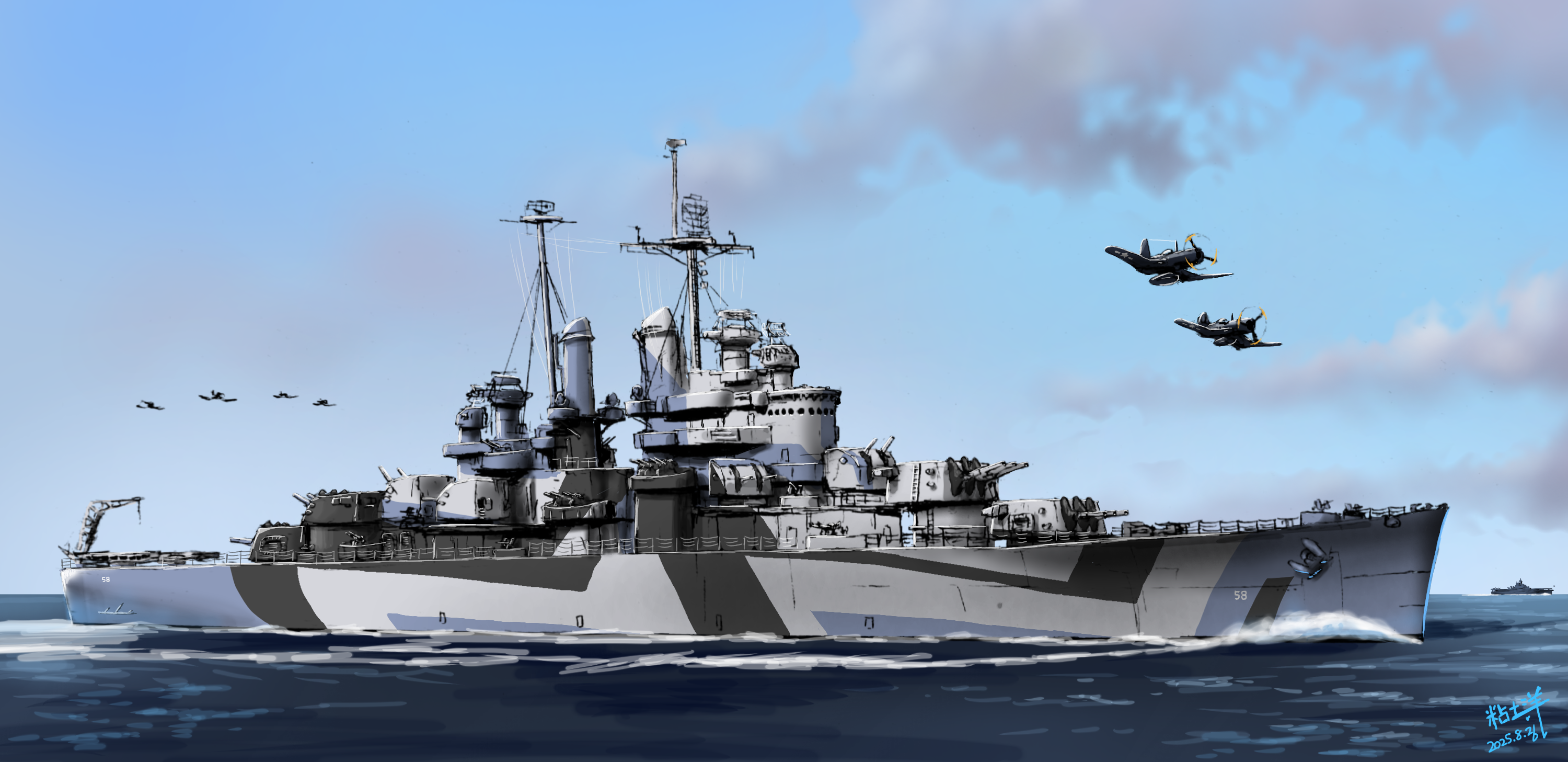 nendoyo, f4u corsair, original, united states navy, commentary request, highres, revision, aircraft, aircraft carrier, airplane, anti-aircraft, anti-aircraft gun, autocannon, blue sky, bofors 40 mm gun, cannon, cloud, cruiser, dated, mast, military, military vehicle, no humans, ocean, oerlikon 20mm gun, outdoors, propeller fighter, sailing, ship, ship turret, signature, sky, smokestack, uss denver (cl-58), vehicle focus, warship, watercraft, world war ii