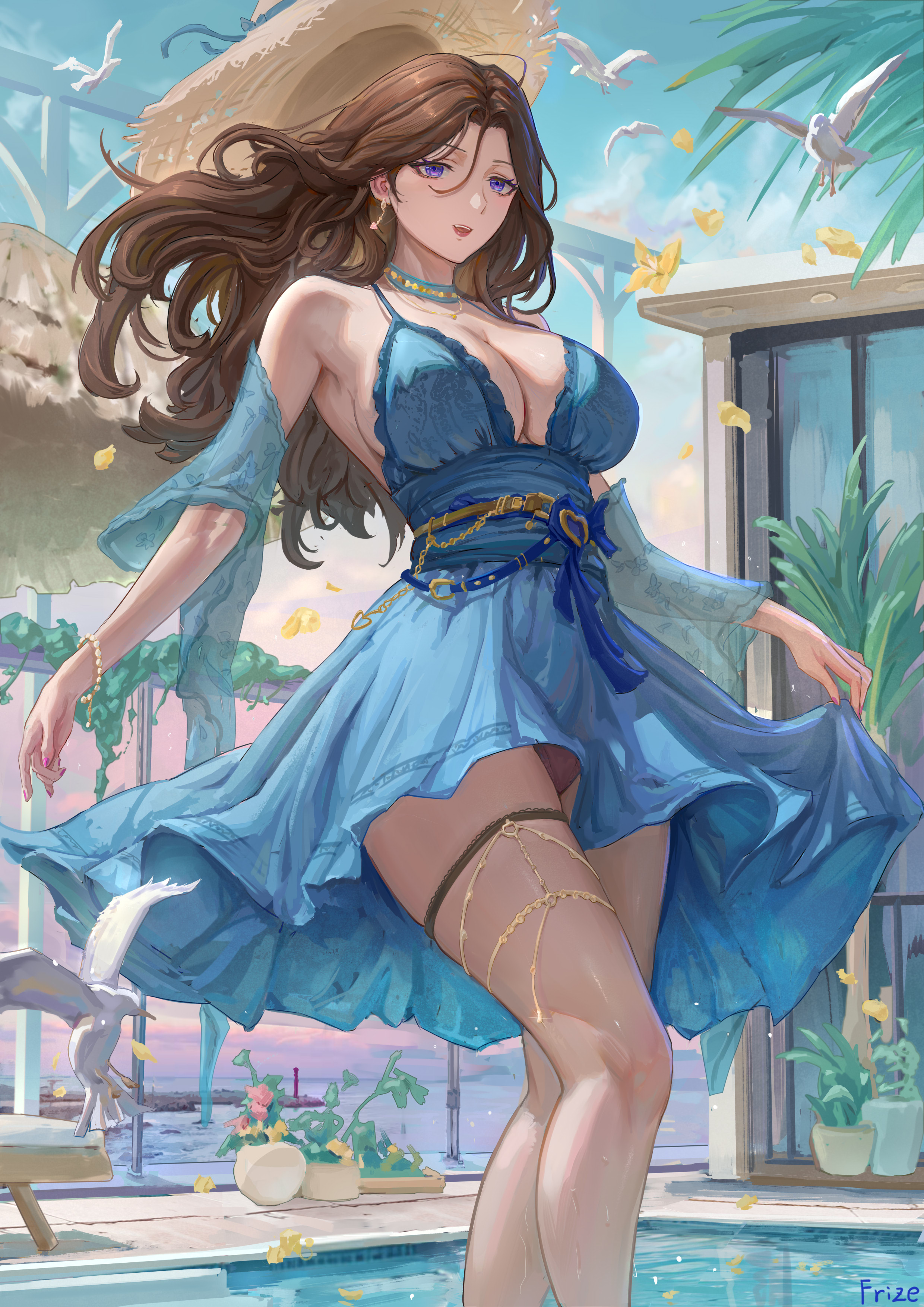 frize fulei, original, absurdres, highres, 1girl, blue dress, blue eyes, bracelet, breasts, brown hair, clothes lift, dress, hat, jewelry, large breasts, lipstick, makeup, nail polish, necklace, purple eyes, skirt, skirt lift, solo, straw hat, thigh strap