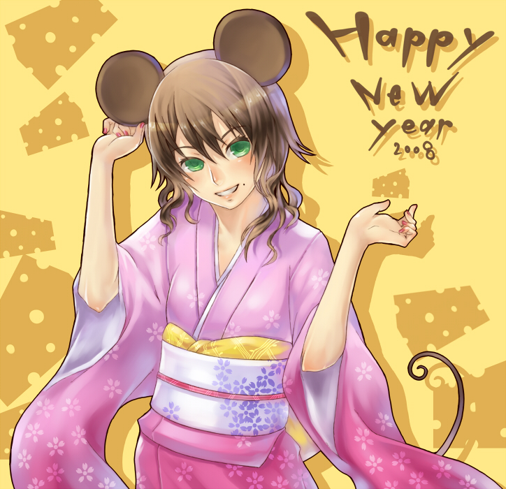 nidy, original, 00s, 1girl, 2008, animal ears, brown hair, curly hair, female focus, green eyes, grin, hand on own ear, happy new year, japanese clothes, kimono, mole, mole under mouth, mouse ears, mouse tail, nail polish, new year, pink nails, smile, solo, tail, yellow background
