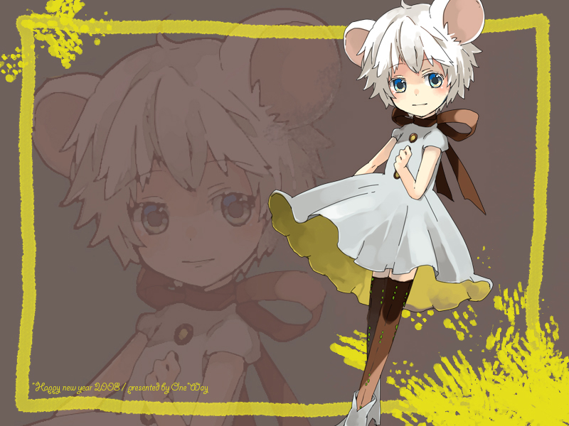 loo, original, 00s, 2008, animal ears, dress, mouse ears, new year, short hair, solo, thighhighs, white hair