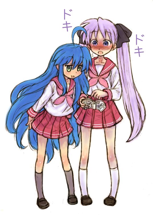 aizawa yoshihiko, hiiragi kagami, izumi konata, lucky star, light purple hair, 00s, 2girls, :o, blue hair, blush, green eyes, leaning forward, long hair, multiple girls, pleated skirt, purple eyes, school uniform, serafuku, simple background, skirt, twintails, very long hair, white background