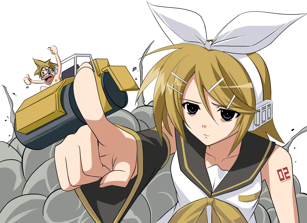 miyane aki (radical dash), kagamine rin, lyrical nanoha, mahou shoujo lyrical nanoha, mahou shoujo lyrical nanoha strikers, vocaloid, blonde hair, breasts, parody, steamroller