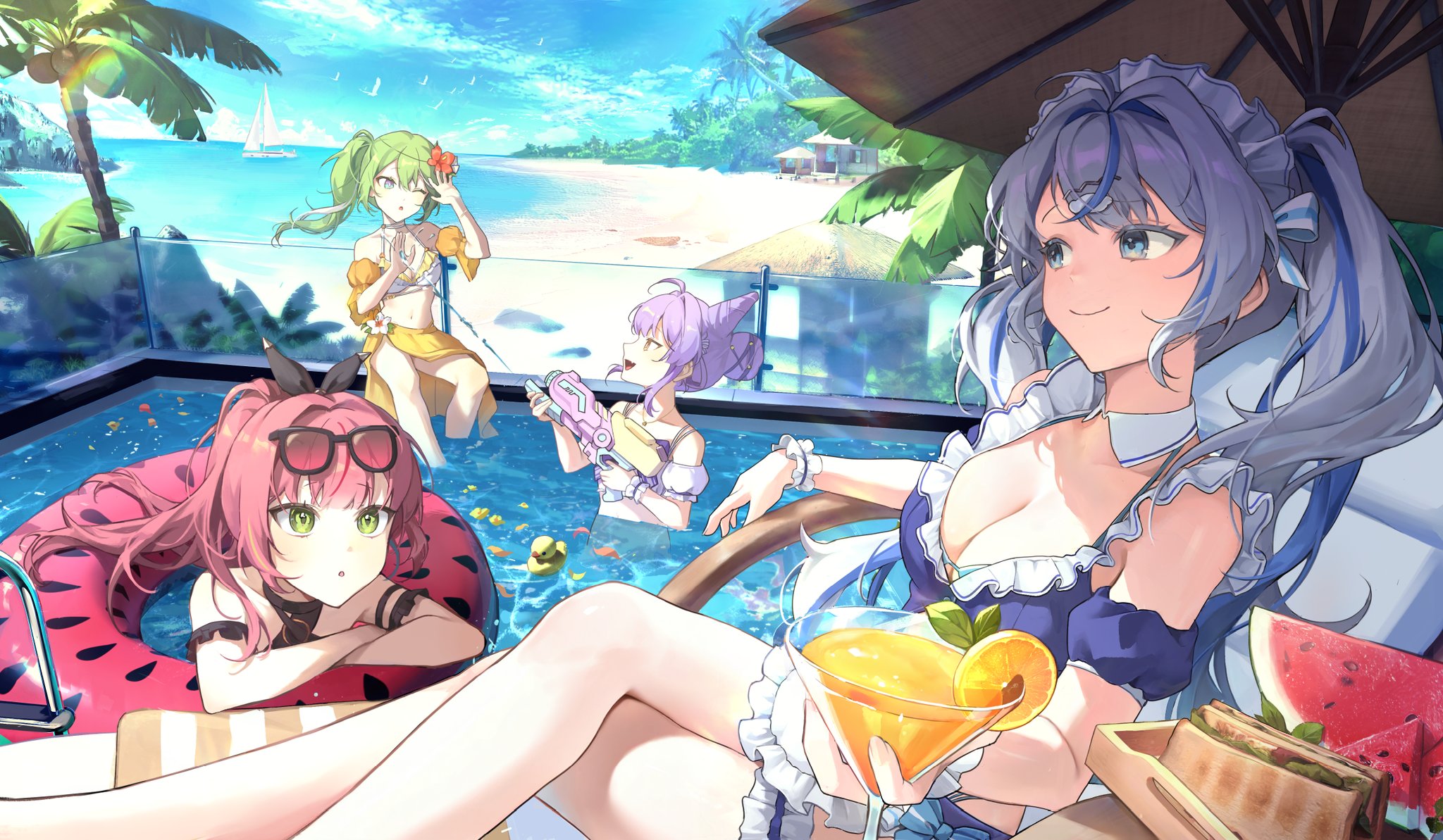 yulmu1005, aokumo rin, hanako nana, tenko shibuki, yuzuha riko, stellive, super soaker, commentary request, highres, korean commentary, 4girls, :o, ahoge, armband, beach, bikini, black armband, black bow, blue one-piece swimsuit, blue sky, blue streaks, boat, bow, breasts, cleavage, closed mouth, cocktail, cocktail glass, crossed arms, cup, day, drinking glass, eyewear on head, flower, food, frilled armband, frilled wristband, frills, fruit, green eyes, green hair, grey eyes, grey hair, hair bow, hair bun, hair flower, hair horns, hair ornament, holding, holding cup, holding water gun, large breasts, lemon, lemon slice, long hair, multicolored hair, multiple girls, ocean, on innertube, one-piece swimsuit, one eye closed, open mouth, outdoors, palm tree, parasol, parted lips, partially submerged, pink hair, ponytail, pool, purple hair, red flower, rubber duck, sailboat, sandwich, sarong, shade, shadow, simple bird, single hair bun, sky, smile, soaking feet, streaked hair, sunlight, swimsuit, tree, twintails, umbrella, virtual youtuber, water, water gun, watercraft, watermelon, watermelon slice, white bikini, yellow armband, yellow sarong