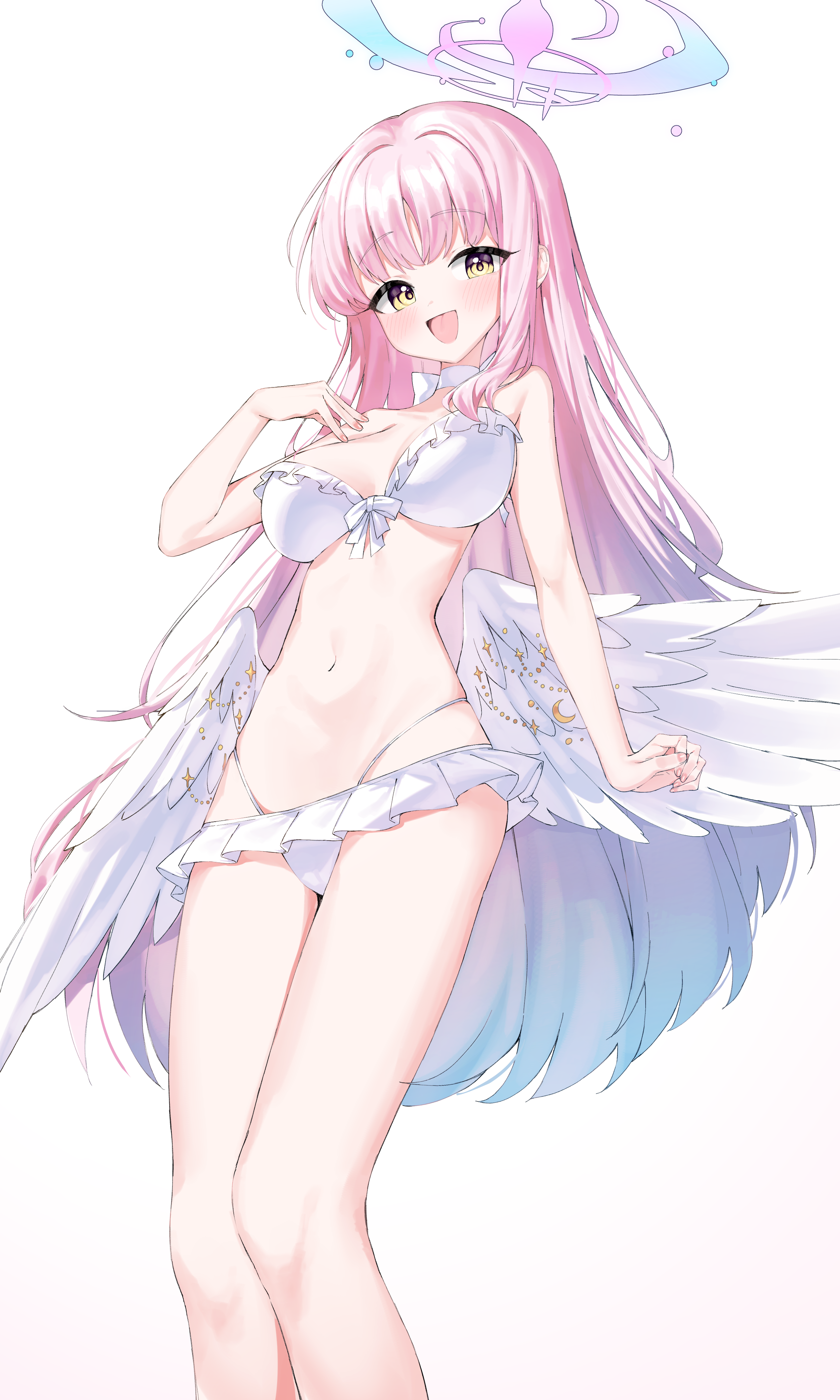 cobe, mika (blue archive), mika (swimsuit) (blue archive), blue archive, absurdres, highres, 1girl, angel wings, aqua hair, bare arms, bare shoulders, bikini, blush, breasts, feathered wings, frilled bikini, frills, gradient hair, halo, low wings, medium breasts, multicolored hair, navel, official alternate costume, official alternate hairstyle, open mouth, pink hair, pink halo, simple background, smile, stomach, swimsuit, tea party (blue archive), white background, white wings, wing ornament, wings, yellow eyes