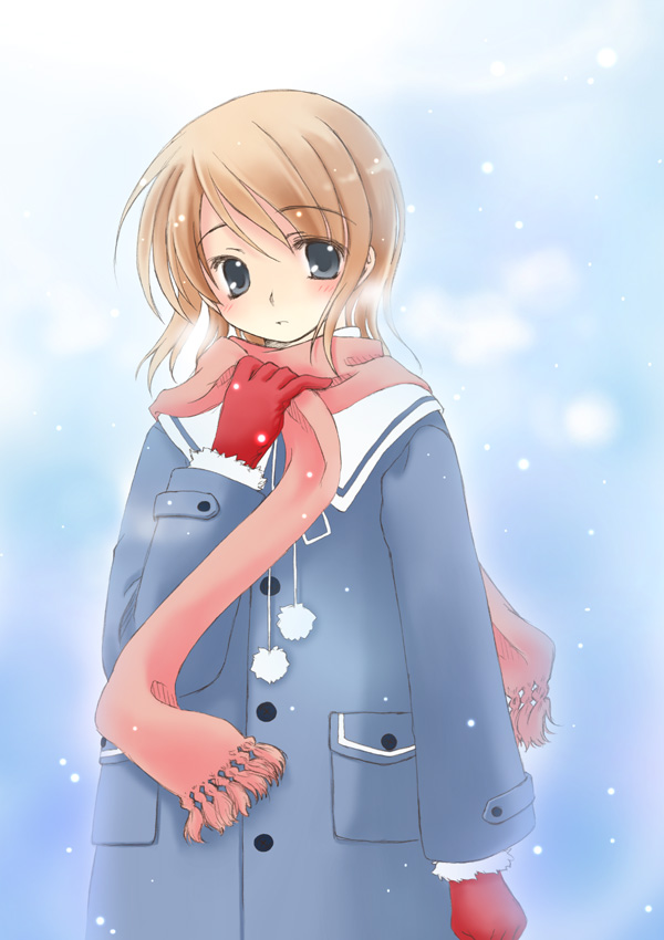 fujii chifumi, original, 1girl, :o, blue eyes, blush, brown hair, coat, female focus, fur trim, gloves, pink scarf, red gloves, scarf, short hair, snowing, solo