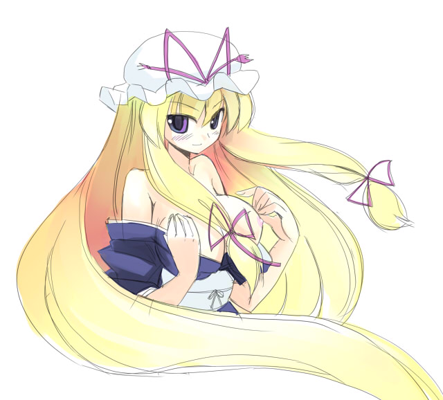 seo tatsuya, yakumo yukari, touhou, 1girl, bare shoulders, blush, breasts, female focus, hat, nipples, purple eyes, solo, undressing