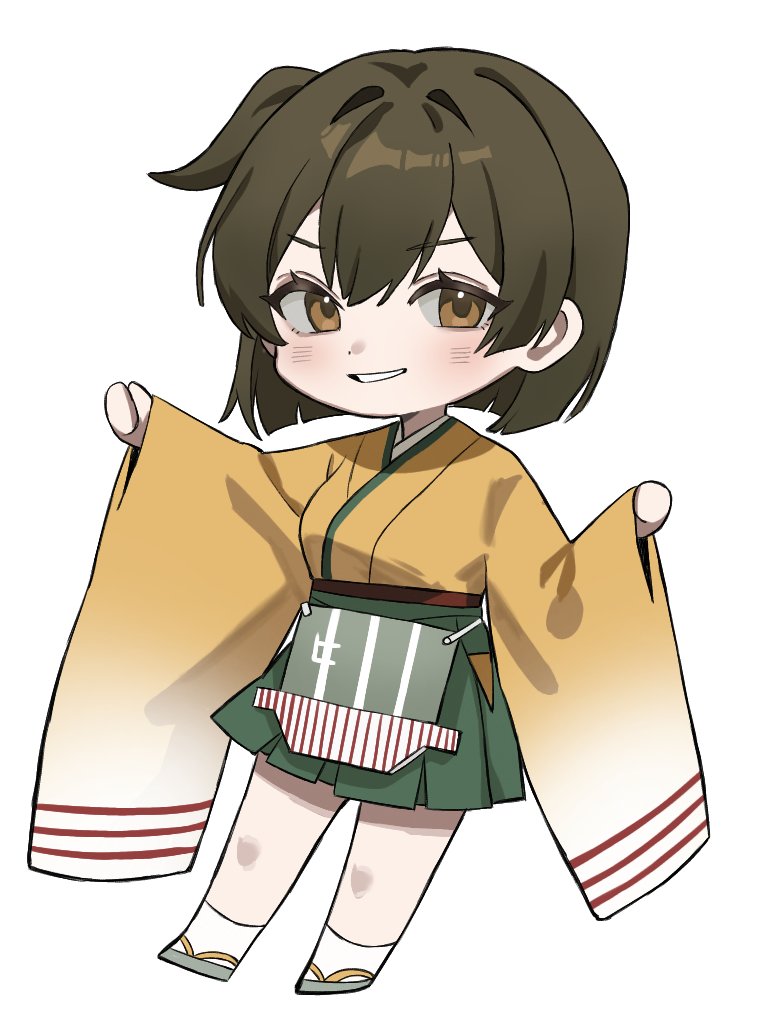 yakizakana (sakana u u), hiryuu (kancolle), kantai collection, commentary request, 1girl, blush, breasts, brown eyes, brown hair, chibi, chibi only, full body, green hakama, grin, hair between eyes, hakama, hakama skirt, japanese clothes, kimono, long sleeves, looking at viewer, one side up, orange kimono, short hair, simple background, skirt, smile, solo, white background, wide sleeves