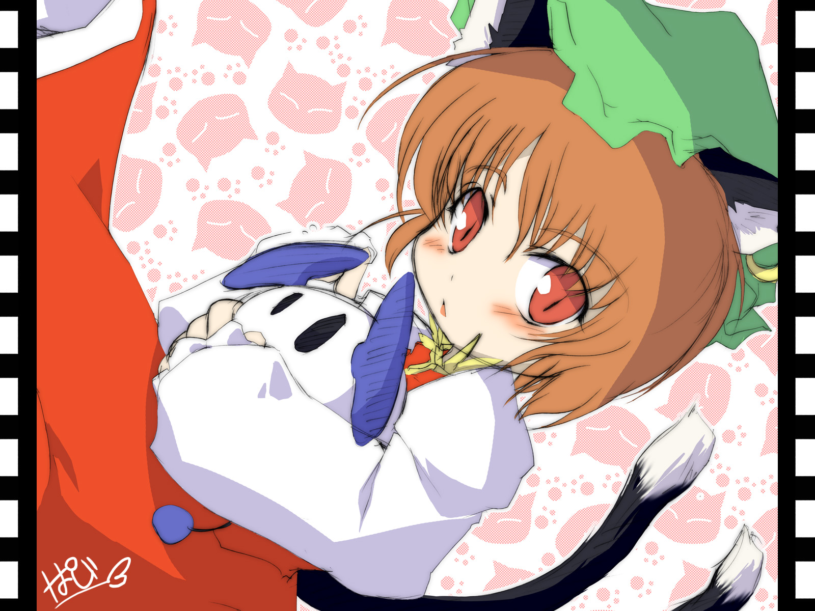 paji, chen, chu chu rocket, sega, touhou, highres, animal ears, blue shame, brown hair, cat ears, cat tail, crossover, earrings, hat, jewelry, mouse (animal), red eyes, short hair, solo, tail