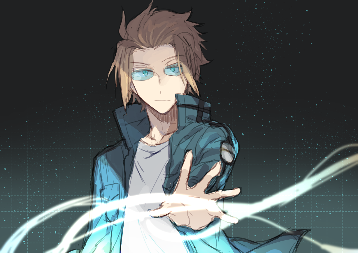 nikame, jin yuuichi, world trigger, brown hair, closed mouth, jacket, looking at viewer, male focus, reaching, reaching towards viewer, shirt