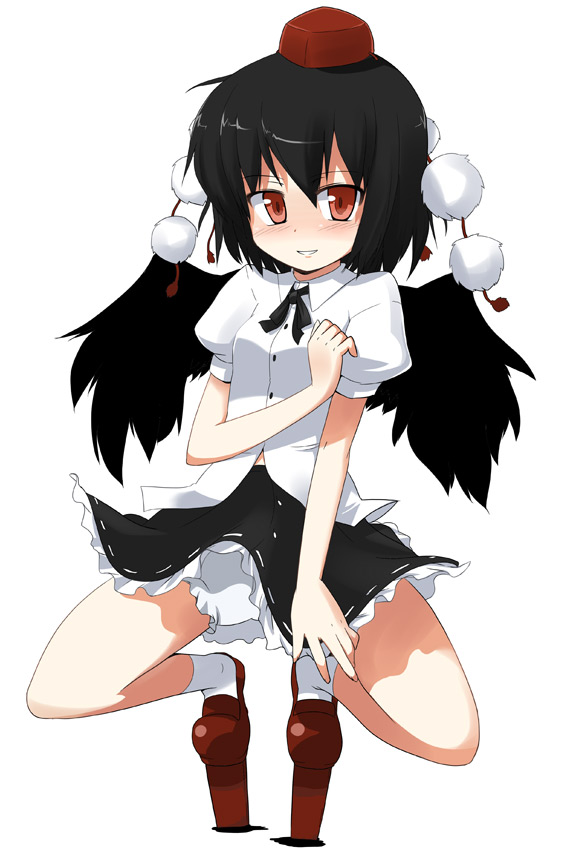 mamo williams, shameimaru aya, touhou, 1girl, black hair, black wings, bloomers, female focus, geta, hat, looking at viewer, red eyes, short hair, solo, squatting, tengu-geta, tokin hat, underwear, white bloomers, wings