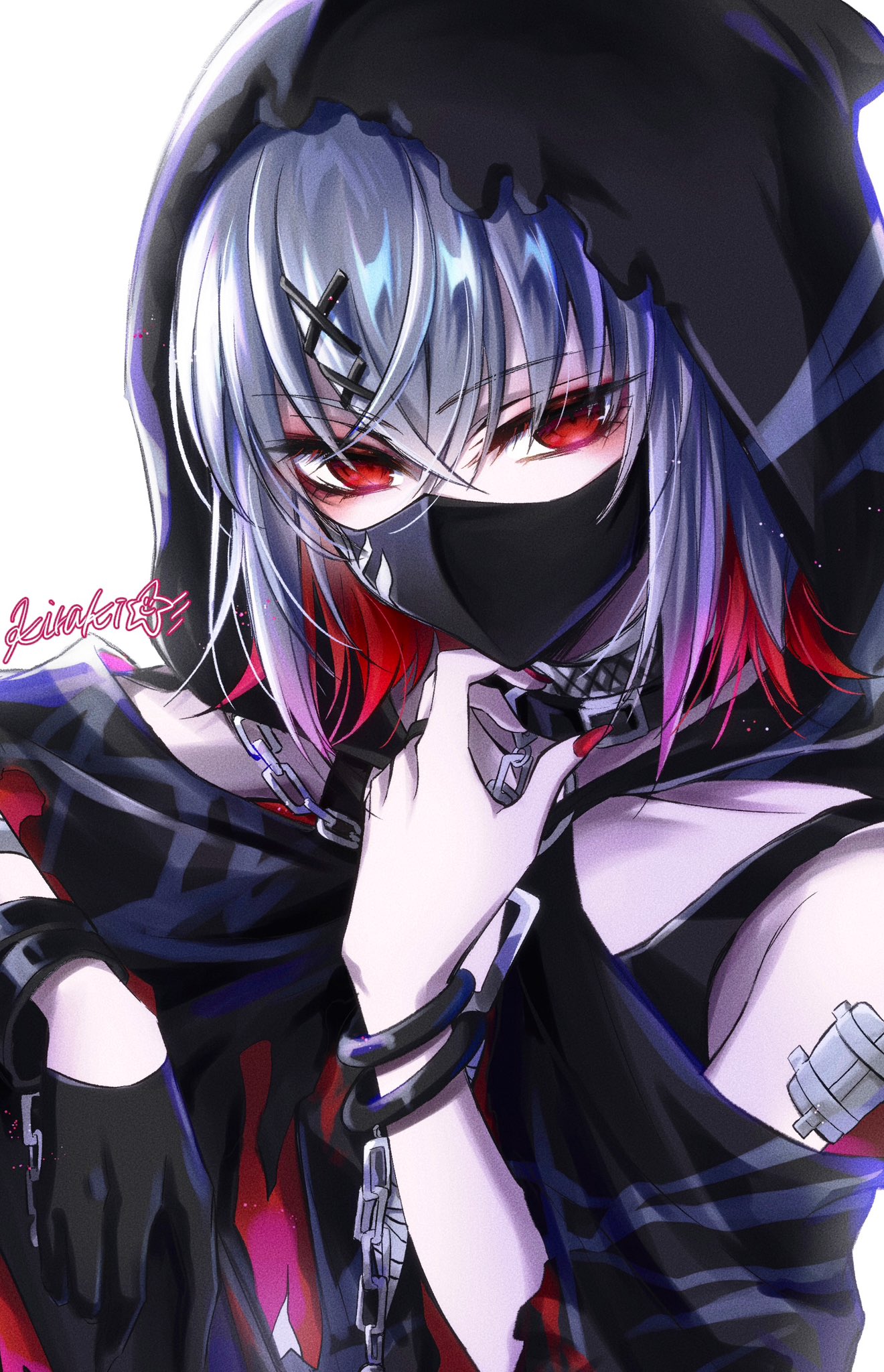 kiraki, mahou shoujo no majo saiban, commentary request, highres, 1girl, bare shoulders, black collar, black gloves, bracelet, chain, collar, colored inner hair, gauze on arm, gloves, grey hair, hair between eyes, hair ornament, hood, hood up, jewelry, looking at viewer, magical girl, mask, mouth mask, multicolored hair, nail polish, pale skin, red eyes, red nails, shitou arisa, short hair, simple background, single glove, solo, upper body, white background, x hair ornament