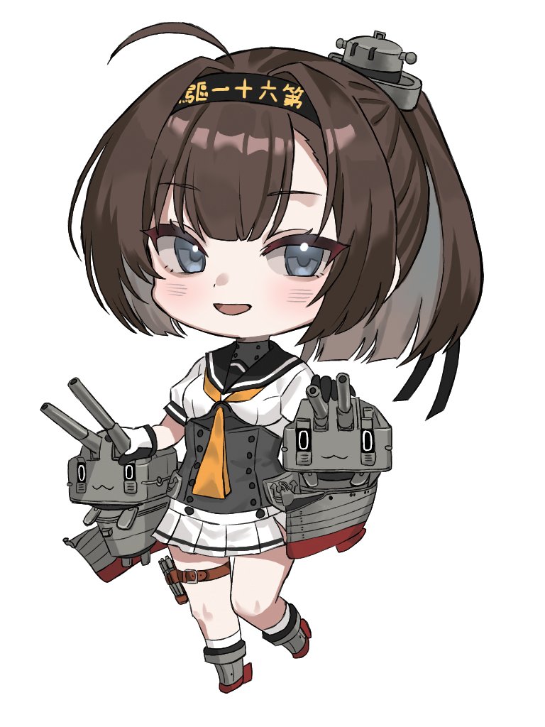 yakizakana (sakana u u), akizuki (kancolle), chou-10cm-hou-chan, chou-10cm-hou-chan (akizuki's), kantai collection, commentary request, 1girl, black sailor collar, blue eyes, blush, breasts, brown hair, chibi, chibi only, full body, gloves, hachimaki, hair between eyes, headband, miniskirt, neckerchief, open mouth, orange neckerchief, pleated skirt, ponytail, sailor collar, school uniform, serafuku, short sleeves, simple background, skirt, small breasts, solo, thigh strap, white background, white skirt