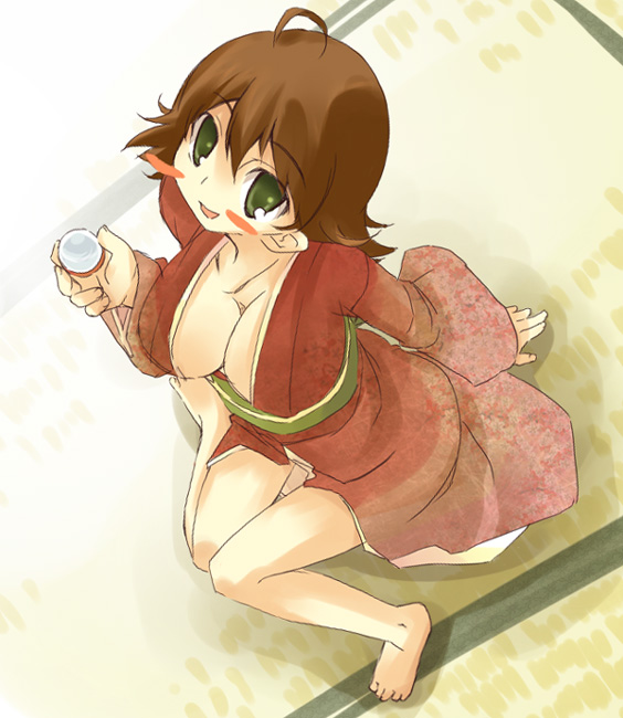 takamura kazuha, ahoge, alcohol, barefoot, breasts, brown hair, cleavage, green eyes, japanese clothes, kimono, large breasts, sake, solo