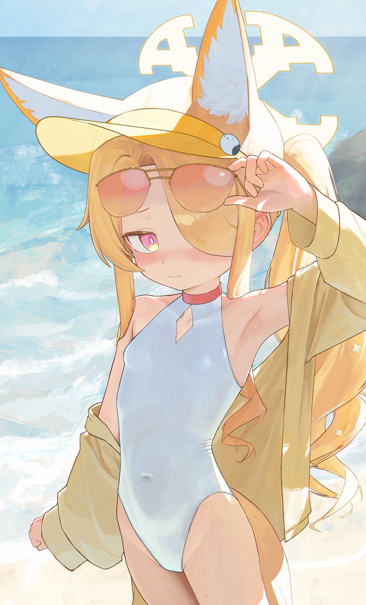 yukiho (69865456), seia (blue archive), seia (swimsuit) (blue archive), blue archive, highres, 1girl, alternate costume, animal ears, armpits, beach, blonde hair, blush, breasts, casual one-piece swimsuit, closed mouth, covered navel, cowboy shot, eyewear on head, fox ears, fox girl, fox tail, hair over one eye, halo, hat, highleg, jacket, long hair, looking at viewer, ocean, one-piece swimsuit, open clothes, outdoors, side ponytail, small breasts, solo, sunglasses, swimsuit, tail, tinted eyewear, visor cap, white one-piece swimsuit, yellow eyes, yellow halo, yellow hat, yellow jacket