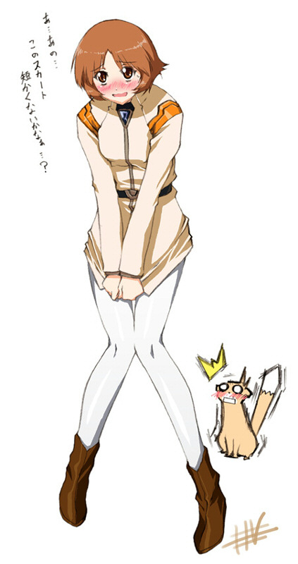 wadatsumi garland, amy limietta, ibuki maya, yuuno scrya, lyrical nanoha, mahou shoujo lyrical nanoha strikers, neon genesis evangelion, translated, 1girl, blush, cat, cosplay, embarrassed, female focus, ferret, ibuki maya (cosplay), pantyhose, raglan sleeves, skirt, skirt tug, solo, surprised, white pantyhose