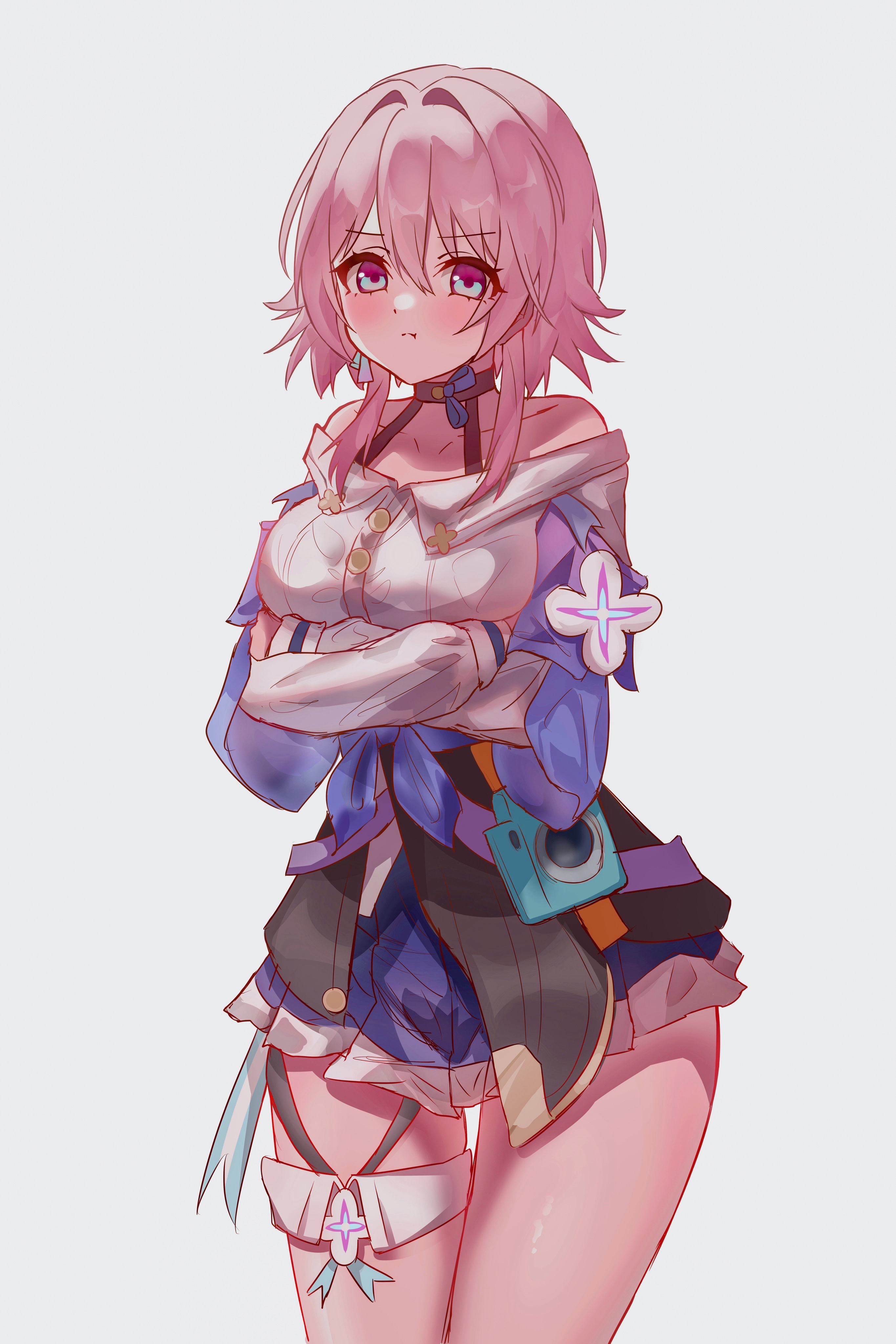 rumi (xafv5772), march 7th (honkai: star rail), march 7th (preservation) (honkai: star rail), honkai: star rail, honkai (series), absurdres, highres, 1girl, bare shoulders, blue eyes, blue skirt, blush, bra strap, cowboy shot, crossed arms, grey background, hair intakes, long sleeves, looking at viewer, miniskirt, off-shoulder shirt, off shoulder, pink hair, shirt, short hair, simple background, skirt, solo, standing, thighs, white shirt