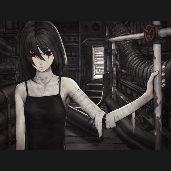 iwai ryou, bad id, bad pixiv id, bandages, black dress, black hair, dark, dress, red eyes, solo