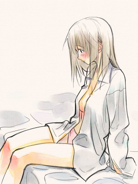 1girl, bed, blush, female focus, grey hair, long hair, open clothes, open shirt, panties, shirt, solo, underwear