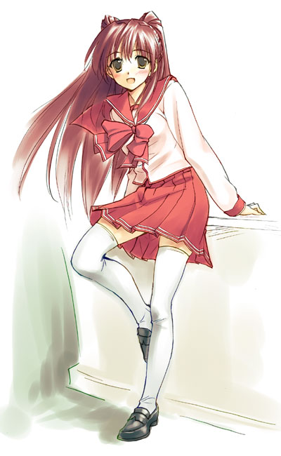 kousaka tamaki, to heart (series), to heart 2, 00s, 1girl, blush, brown eyes, female focus, long hair, red hair, school uniform, serafuku, skirt, solo, thighhighs, zettai ryouiki